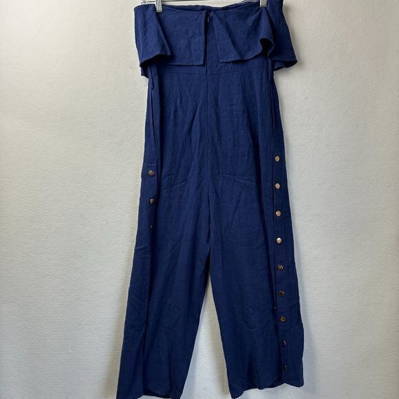 Lulus jumpsuit sz S Lana Strapless Off shoulder ruffle cropped navy blue linen - Picture 5 of 6